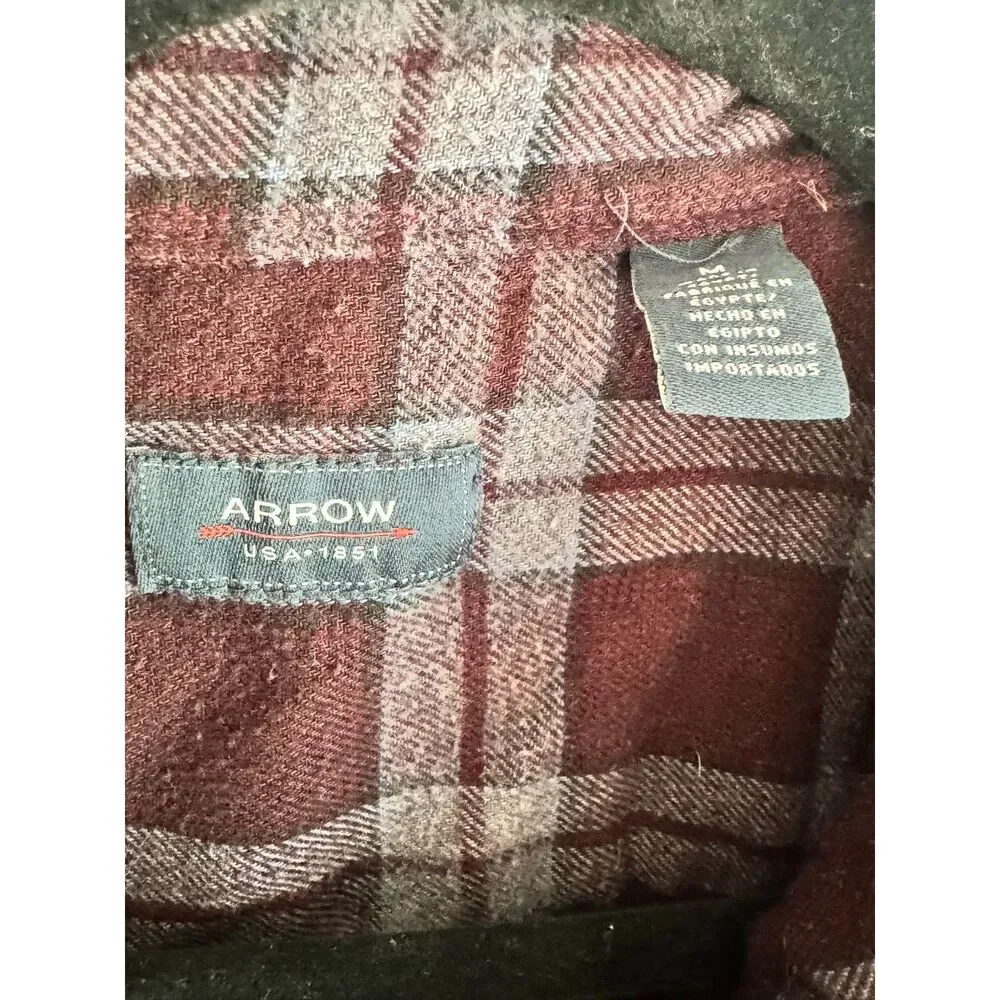Arrow USA 1851 Men’s Burgundy Gray Plaid Flannel Button Shirt 100% Cotton 0037